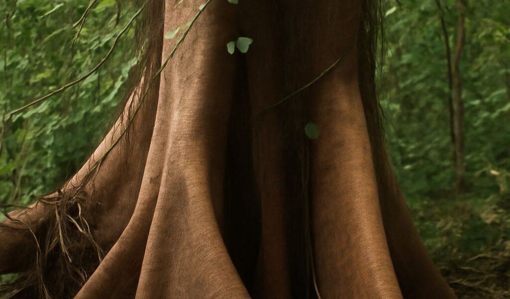 Layered African rainforest canopy with vines and epiphytes
