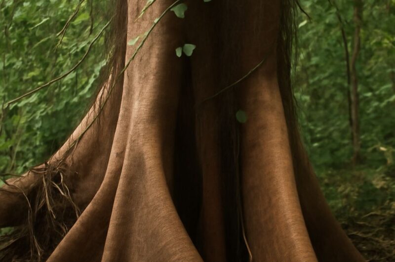 Layered African rainforest canopy with vines and epiphytes