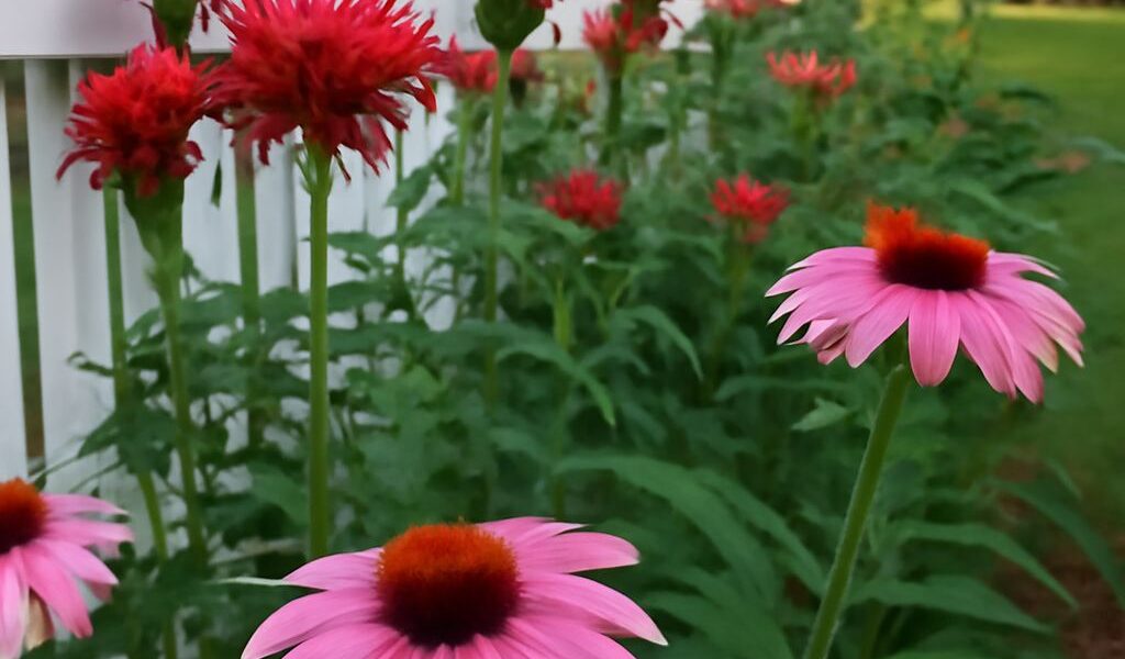 Bee balm, coneflowers, and swamp milkweed growing in a pollinator garden