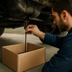 Flattened cardboard boxes and a sealed used-oil container ready for recycling