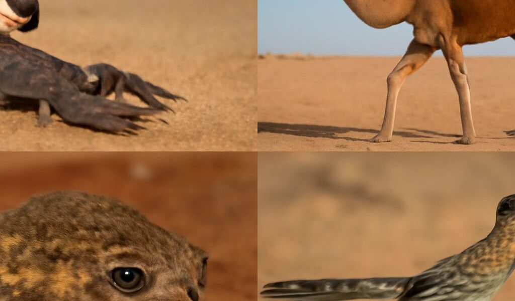 Desert landscape illustrating a food web from plants to predators