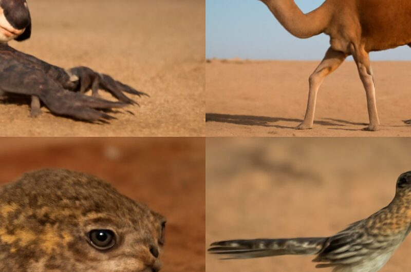 Desert landscape illustrating a food web from plants to predators