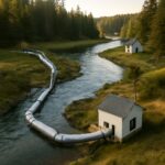 Hydropower advantages and disadvantages shown in a dam and river illustration