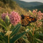 Pink-flowered milkweed beside purple echinacea in a sunny native garden