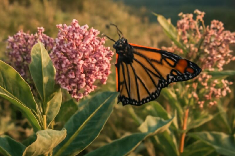 Pink-flowered milkweed beside purple echinacea in a sunny native garden