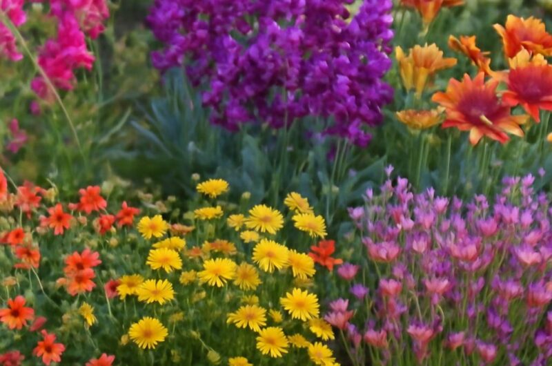 Purple coneflowers and little bluestem in a sunny prairie garden