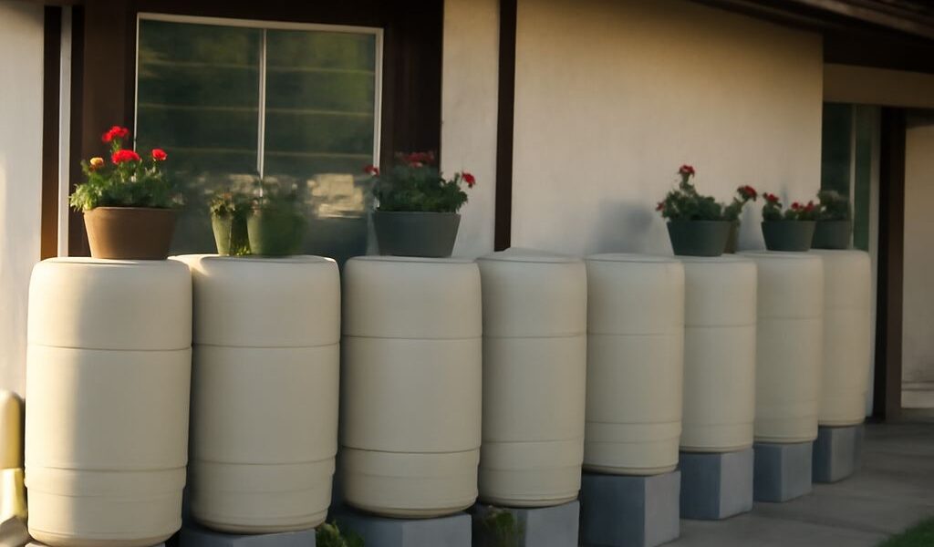 Roof runoff barrel with screened inlet, overflow, and downspout connection
