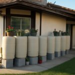 Roof runoff barrel with screened inlet, overflow, and downspout connection