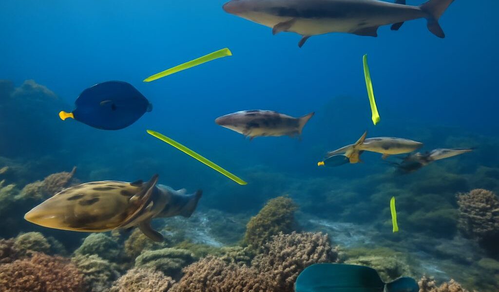 Diagram of a coral reef food web showing various marine species.