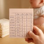 A visual representation of a diaper size chart showing sizes by weight and age