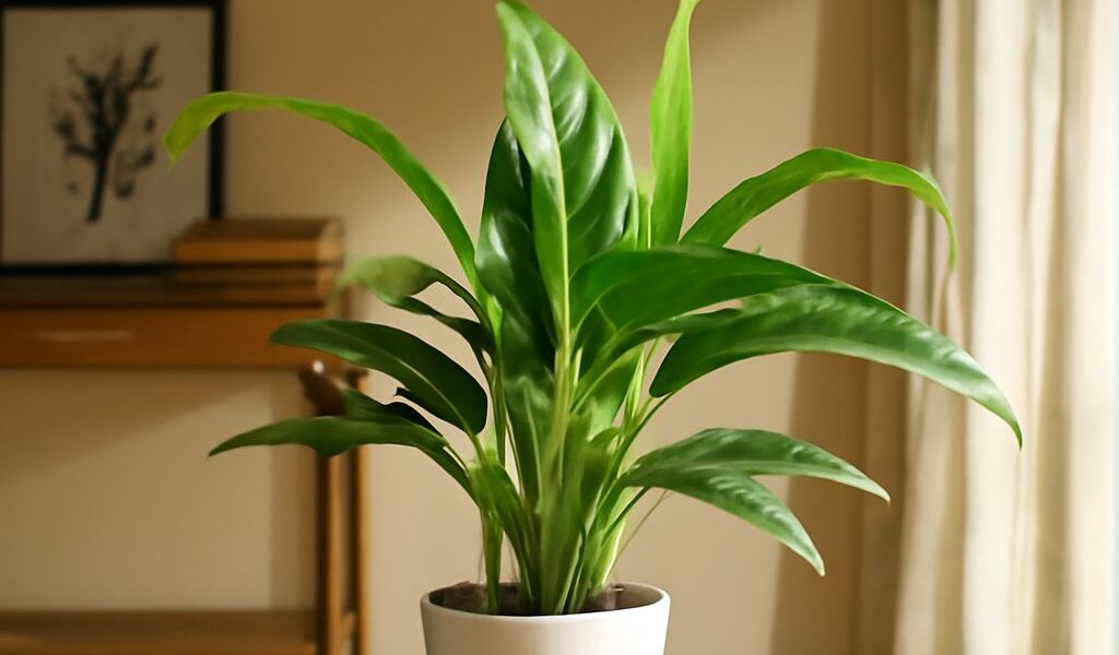 A lush peace lily plant with green leaves and white flowers