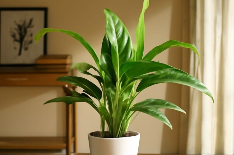 A lush peace lily plant with green leaves and white flowers