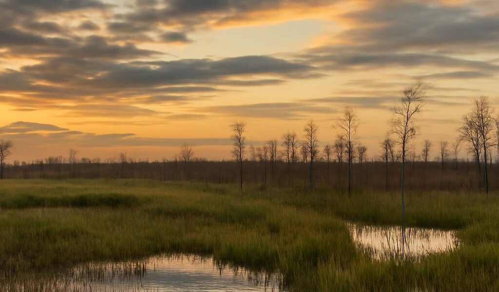 A vibrant wetlands ecosystem with diverse flora and fauna